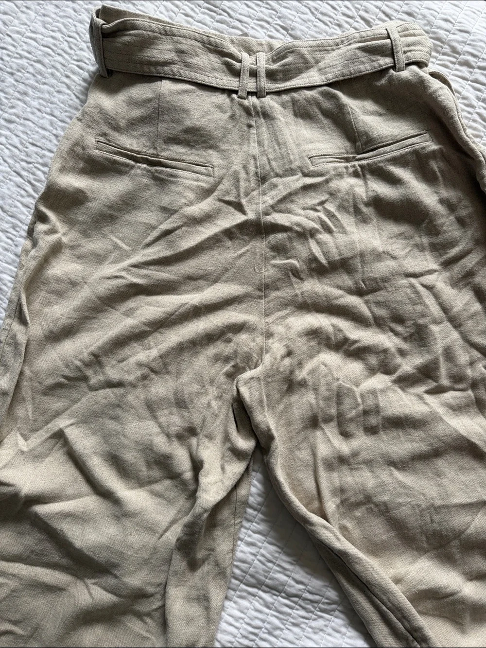 H&M Cream Paperbag Waist Wide-Leg Pants with Tie Belt